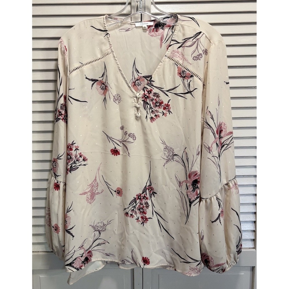 Maurices Floral Sheer Long Balloon Sleeves Blouse Size L Button Up Crochet